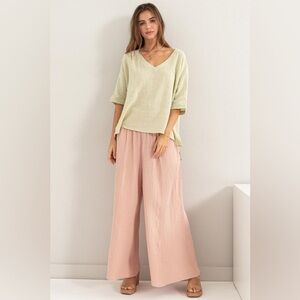 Hyfve Mauve Wide-Leg Pants 100% Cotton Smocked Waist Coastal Grandma Chic